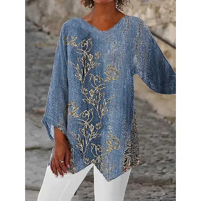 Women's Shirt Blouse Tunic White Red Blue Graphic Floral Asymmetric Print Long Sleeve