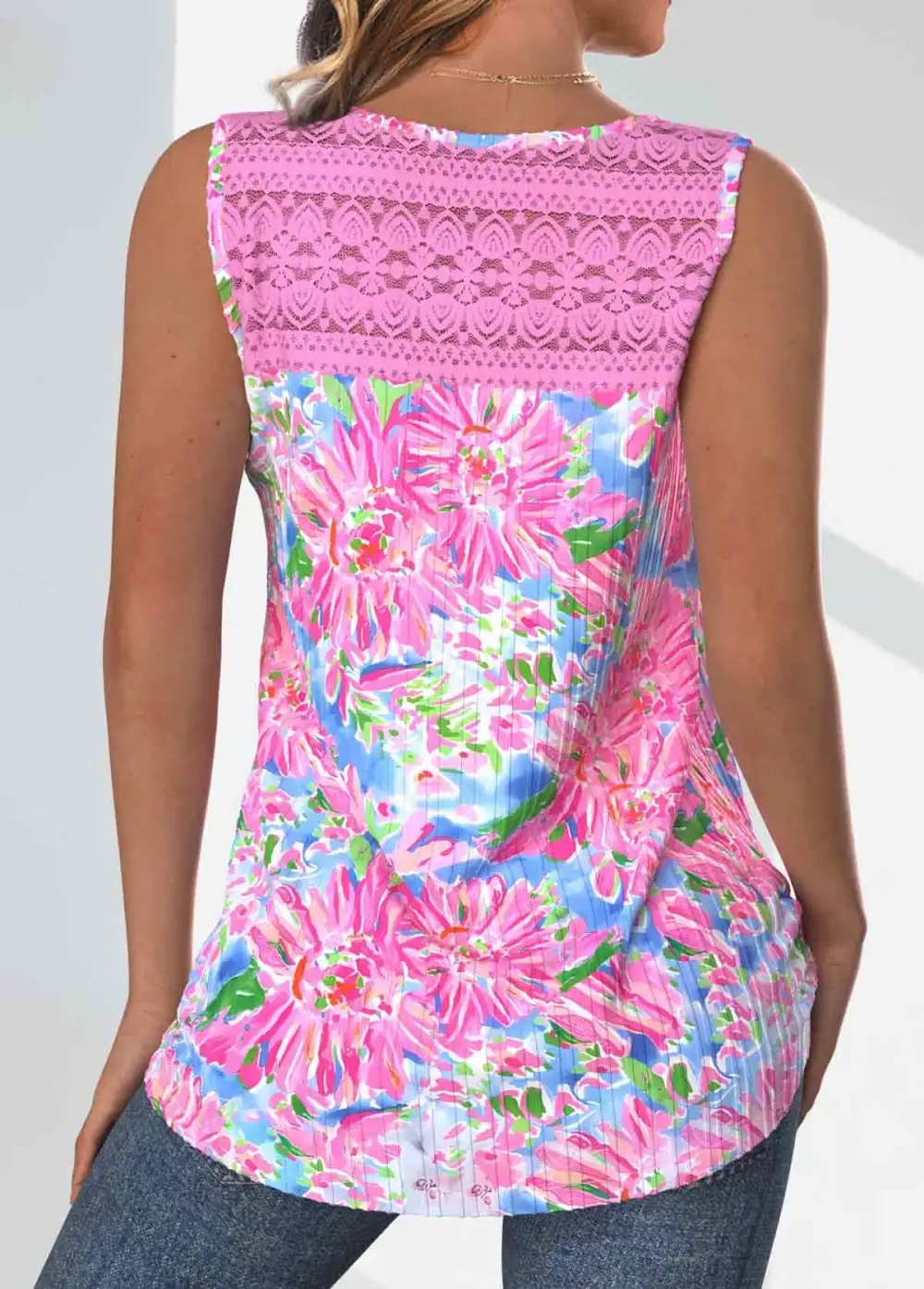 Neon Pink Lace Floral Print Sleeveless Tank Top