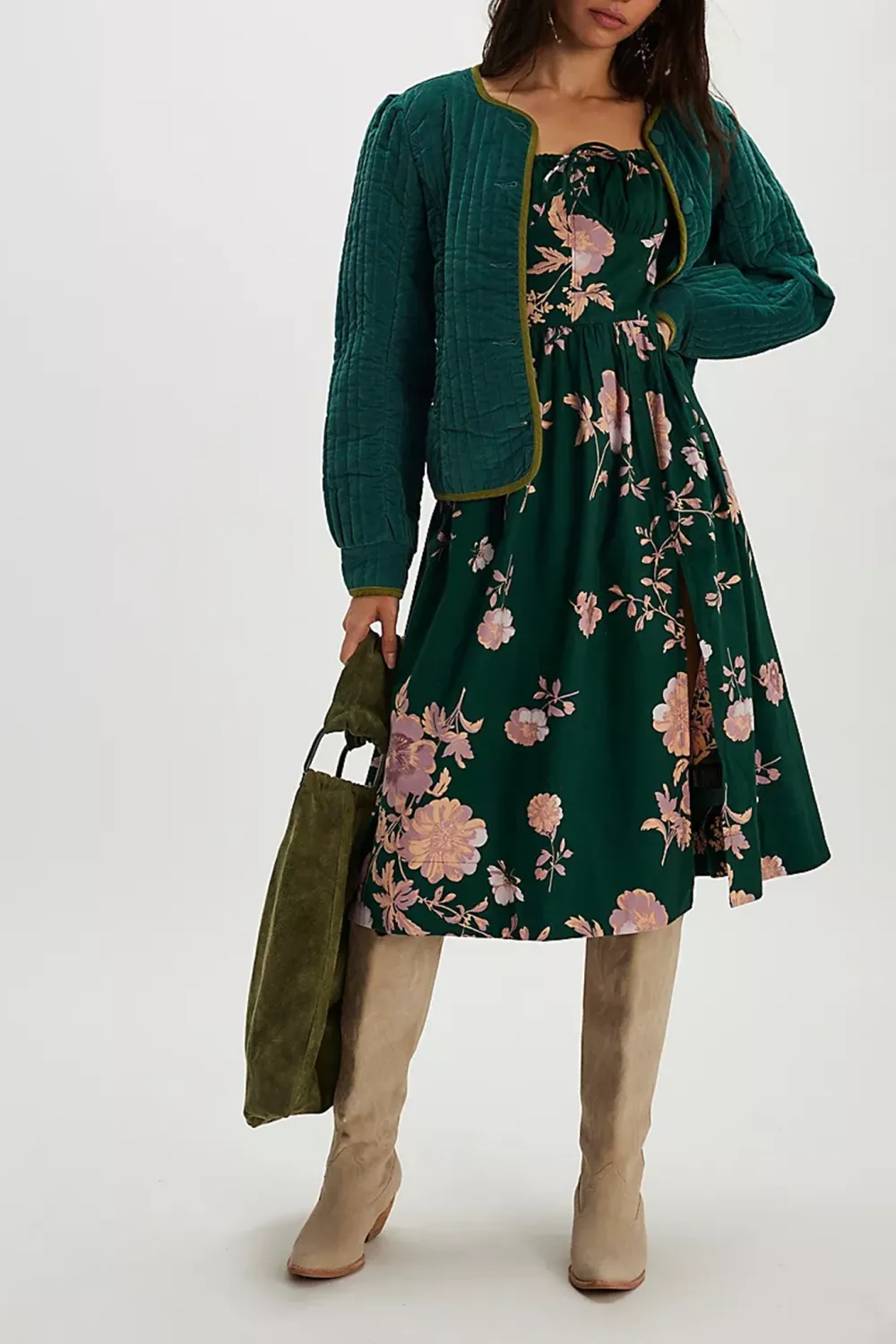 Square Neck Plaid Smocked Midi Dress