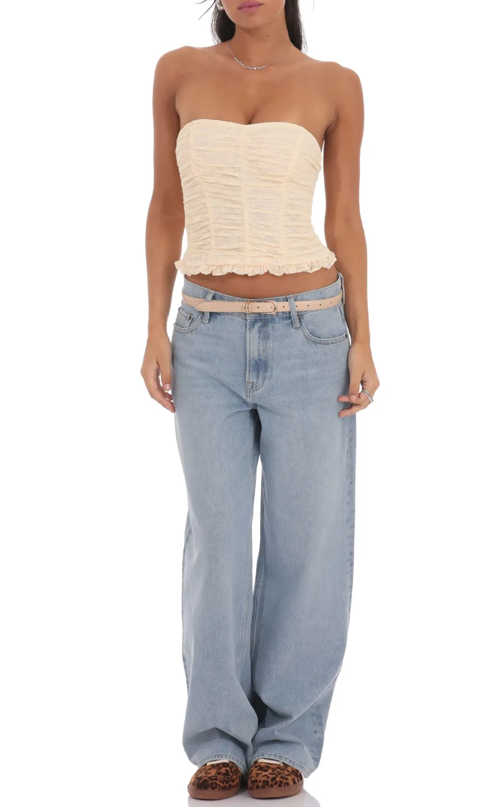 Ruched Lace Top in Pastel Peach