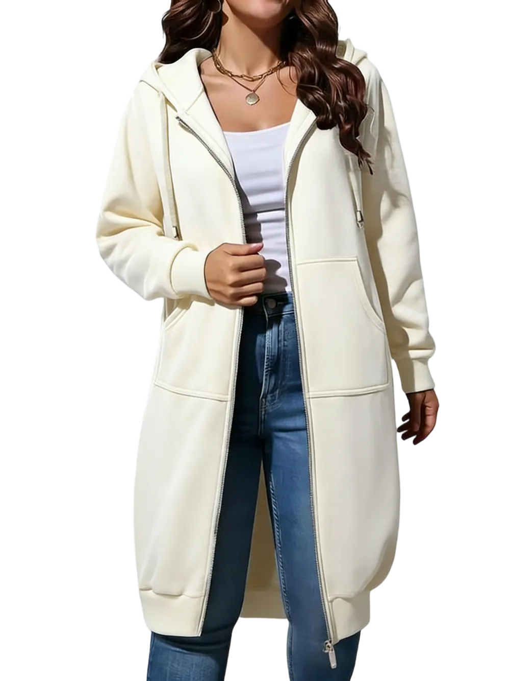 🧥 Women's Longline Zip-Up Fleece Hoodie