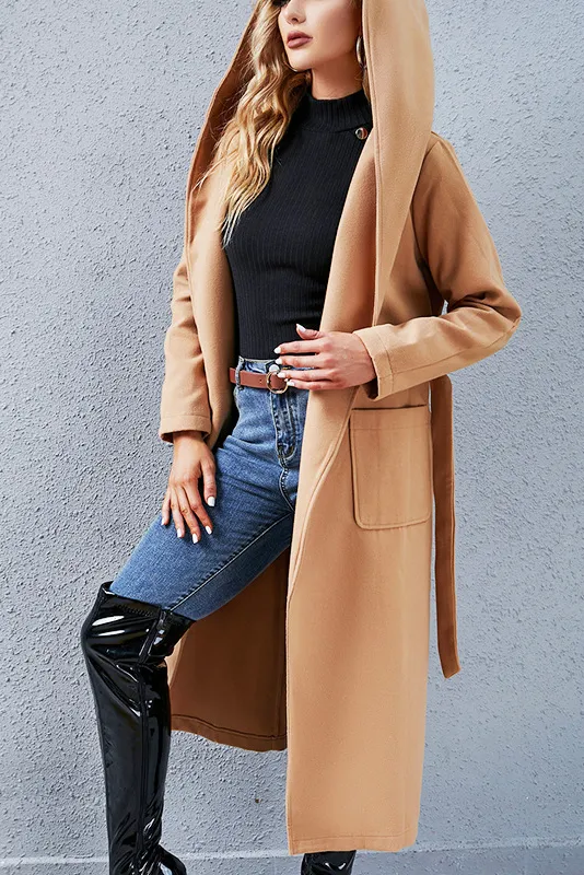 Khaki Front Tie hooded coat