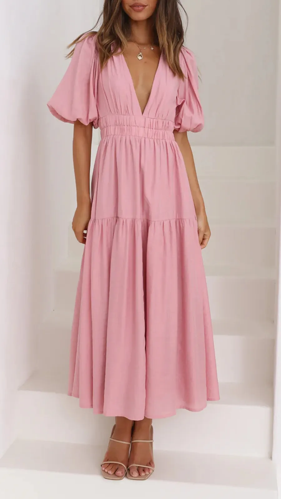 Solid Color Puffy Midi Dress