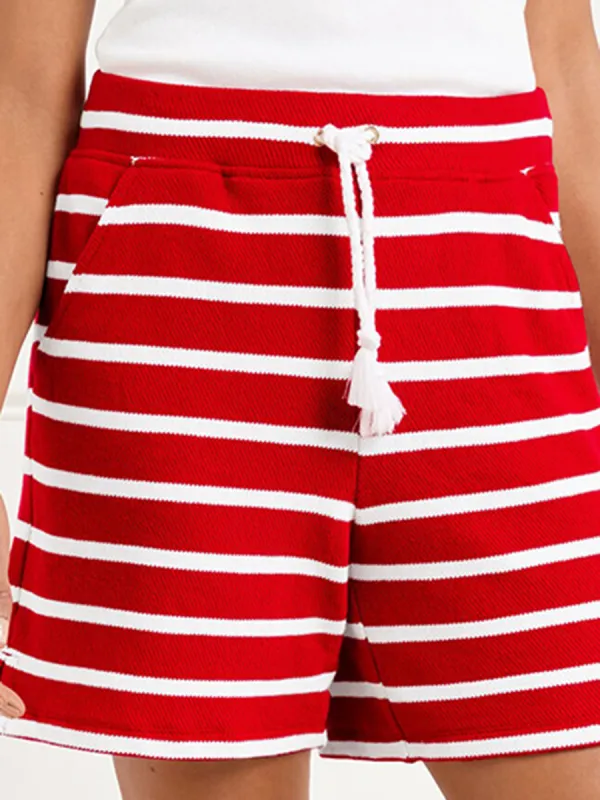 Women'S Stylish Red-White Striped Knit Shorts