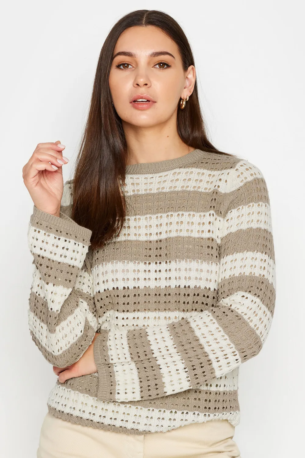 LTS Tall Beige Brown & Ivory White Stripe Crochet Jumper