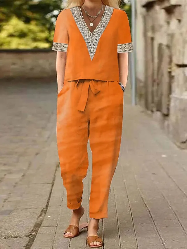 Women's Loungewear Sets 2 Pcs Cotton Blend Abstract Flower Casual Comfort Home Street Daily  Breathable Stand Collar Half Sleeve Pullover Pants Pocket Belt Included Summer Spring White Light Green