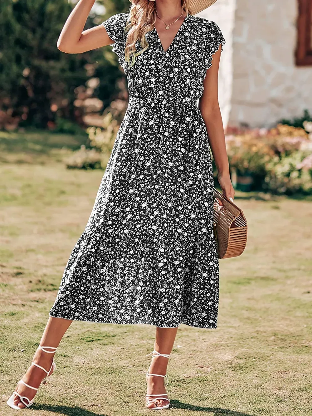 Women Summer Bohemian Floral Casual Wrap V Neck Ruffle Cap Sleeveless Belt A-Line Pleated Hem Swing Midi Sun Dress