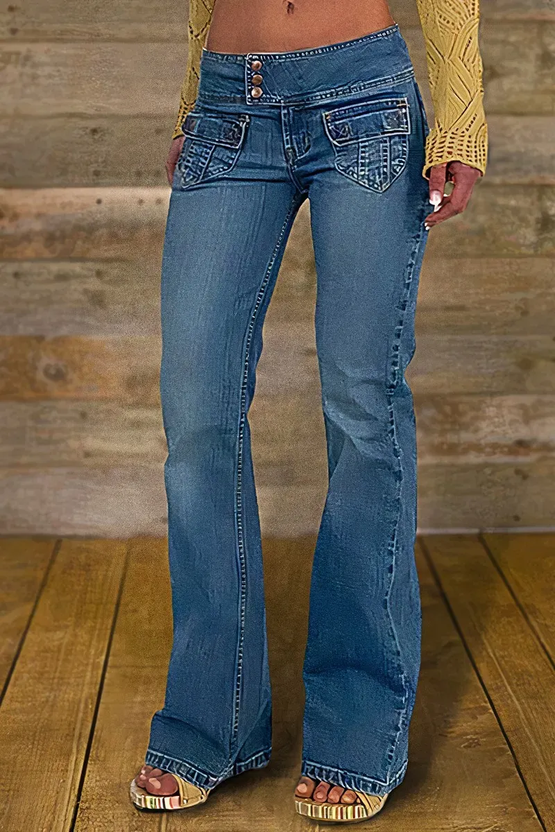 Flap Pocket Button Up Low Rise Flare Jeans