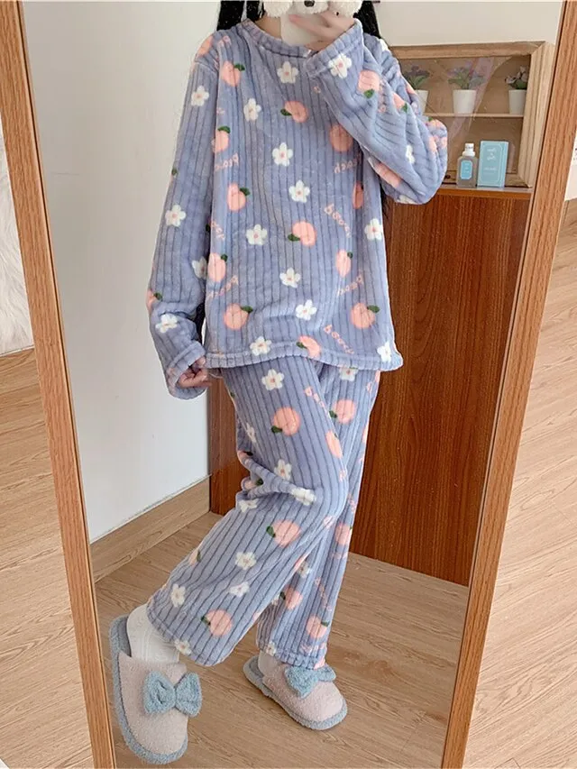 Women's Fleece Loungewear Sets Fluffy Pajama Fuzzy 2 Pieces Bear Peach Fashion Casual Comfort Street Daily Date Polyester Warm Crew Neck Long Sleeve Pant Fall Winter Lotus Pink Black