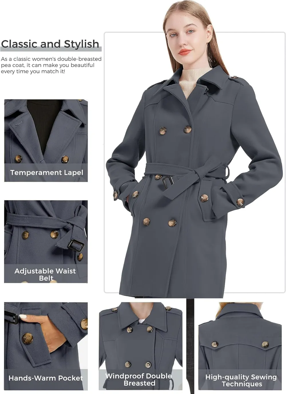 Women's Double Breasted Pea Coat Winter Mid-Long Trench Coat with Belt