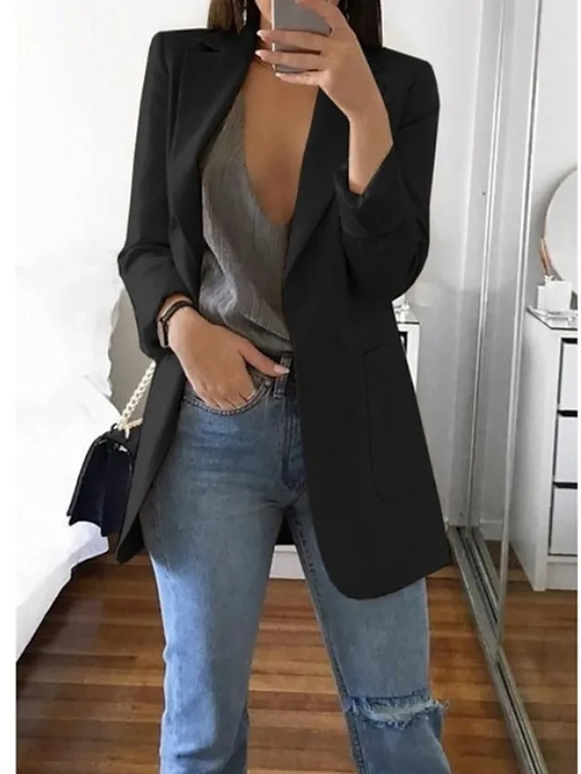 Women's Blazer Casual Pocket Clean Fit Formal Outdoor Daily Wear Polyester Spring Wine Green Black Open Front V Neck Regular Fit S M L XL XXL 3XL / Solid Color