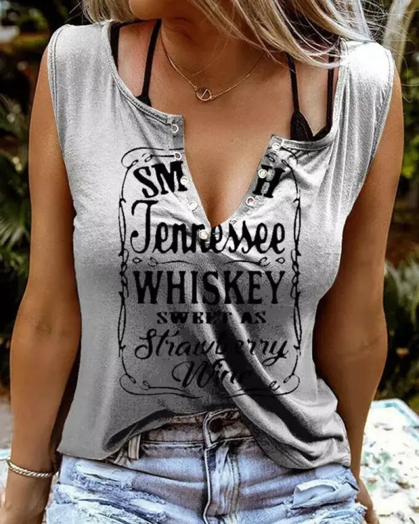 Smooth As Tennessee Whiskey Sweet As Strawberry Wine Print Eyelet Decor Casual Tank Top