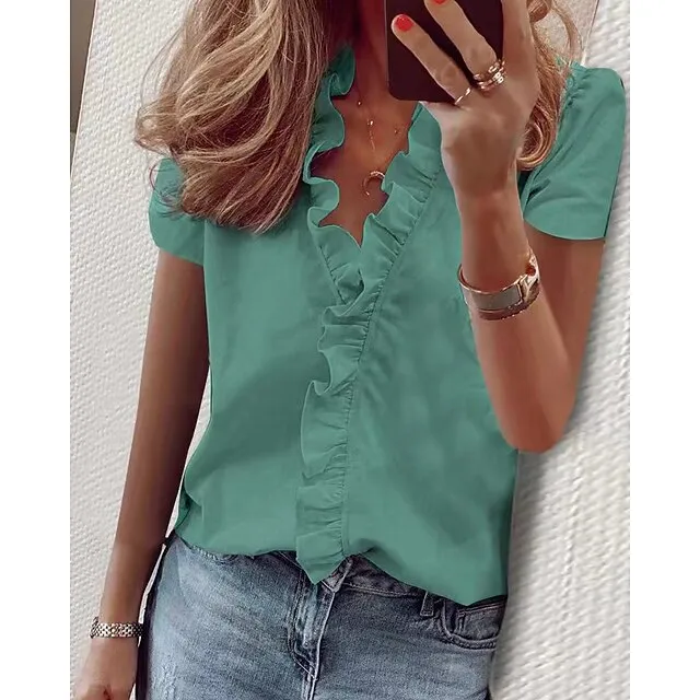Women‘s Blouse T shirt Basic Lettuce Trim Plain Daily V Neck T-shirt Sleeve Regular Spring &  Fall Light Khaki. Green Blue White Pink