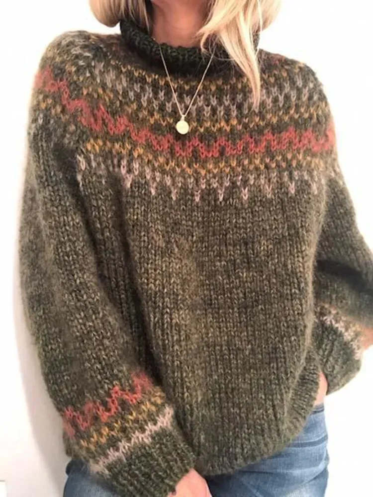 Retro Contrast Wave Pattern Turtleneck Sweater