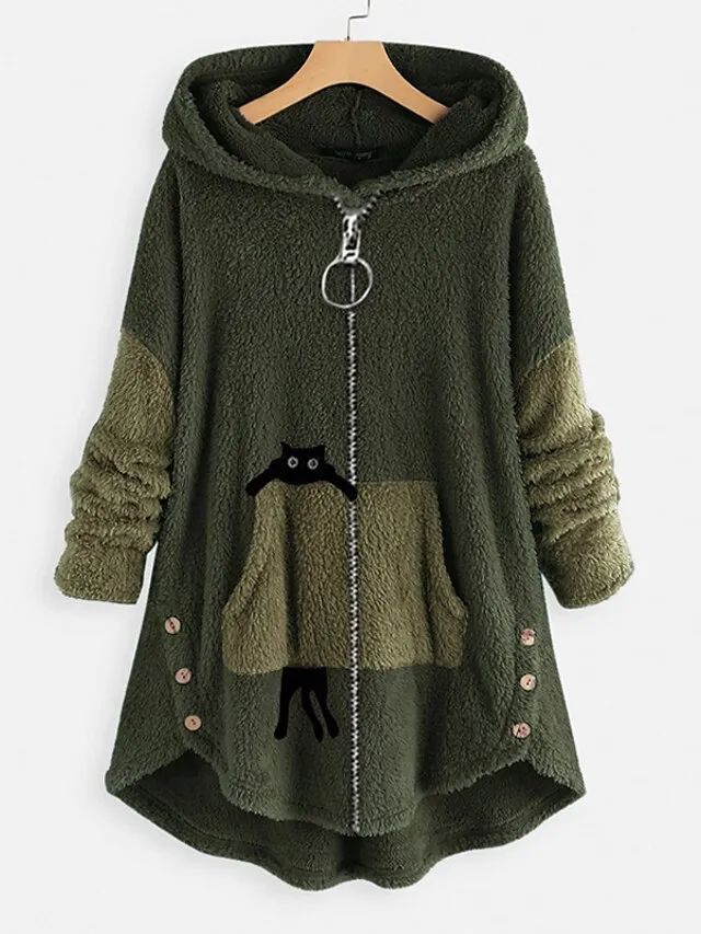 Women's Plus Size Teddy Coat Animal Casual Long Sleeve V Wire Regular Fall Winter Green Pink Dark Gray L XL XXL 3XL 4XL