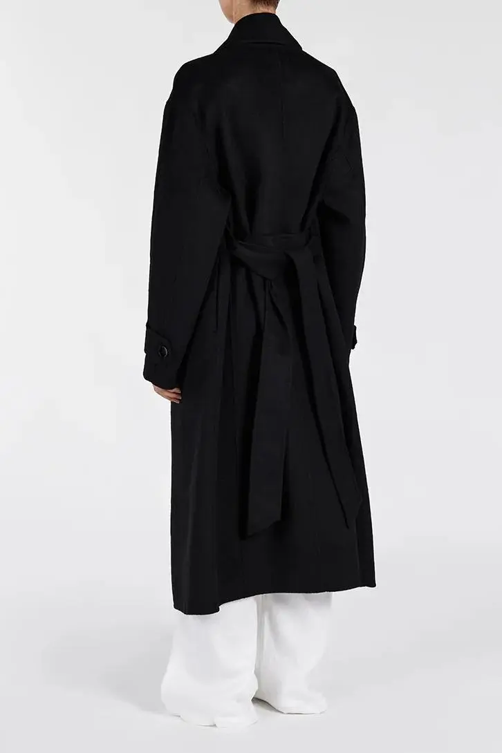 BLACK WOOL WRAP COAT