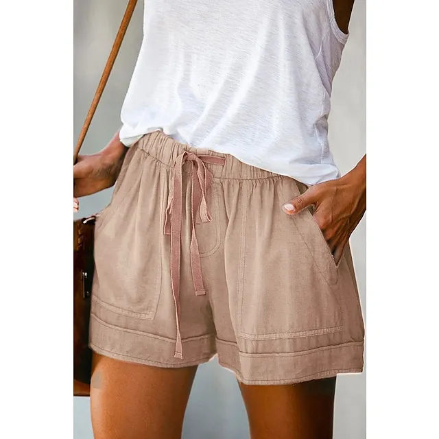 Women‘s Shorts Drawstring Pocket Plain Daily Regular Summer Green Black Pink Orange Red