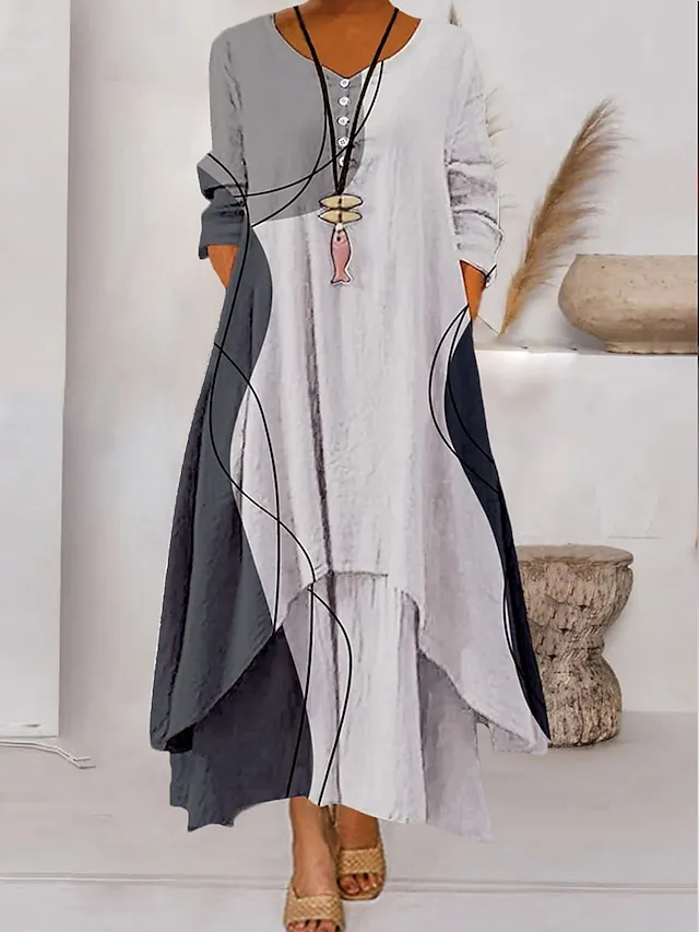 Women's Color Block Long Maxi Dress Button Layered Casual Dress Swing Dress Print Dress Fashion Modern Daily Vacation Weekend 3/4 Length Sleeve Crew Neck Dress Loose Fit Silver Black White