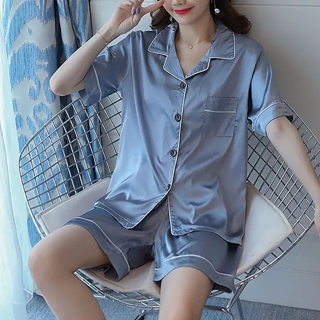 Women's Pajamas Sets Nighty Pjs 2 Pieces Pure Color Fashion Simple Comfort Home Daily Bed Satin Breathable Lapel Short Sleeve Shorts Elastic Waist Spring Summer Green Blue / Silk