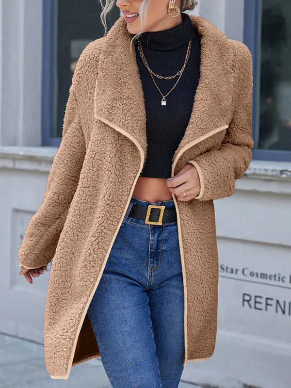 Loose Casual Solid Color Lapel Collar Plush Warm Coat