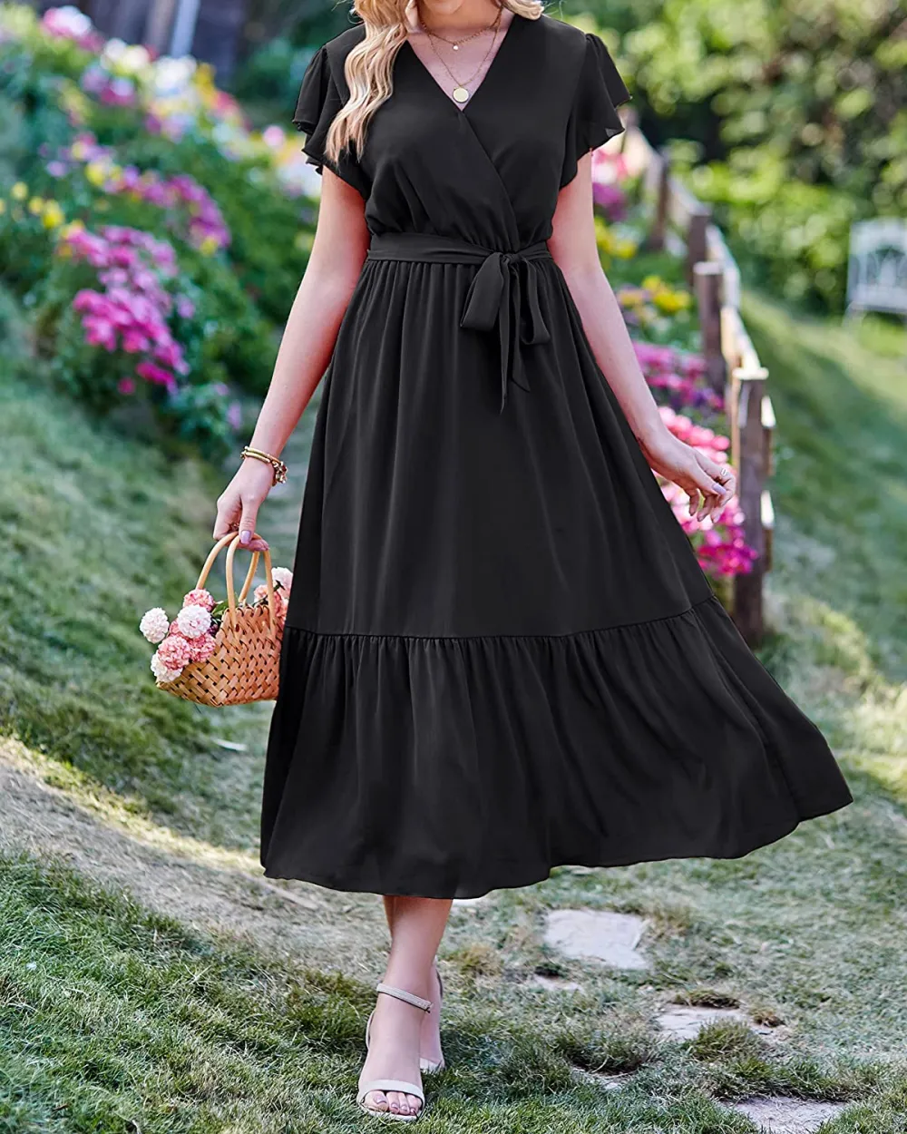 Women Summer Bohemian Floral Casual Wrap V Neck Ruffle Cap Sleeveless Belt A-Line Pleated Hem Swing Midi Sun Dress