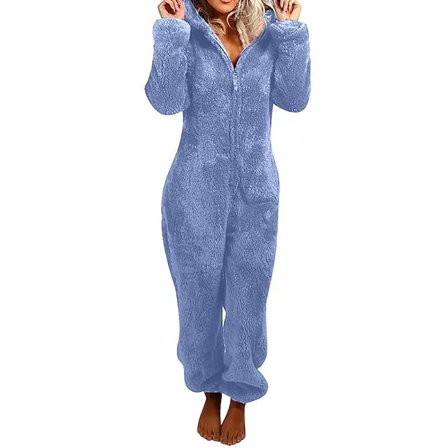 Women's Adult Onesies Onesie Pajamas Pure Color Plush Casual Comfort Home Daily Bed Polar Fleece Warm Hoodie Long Sleeve Fall Winter Light Pink claret