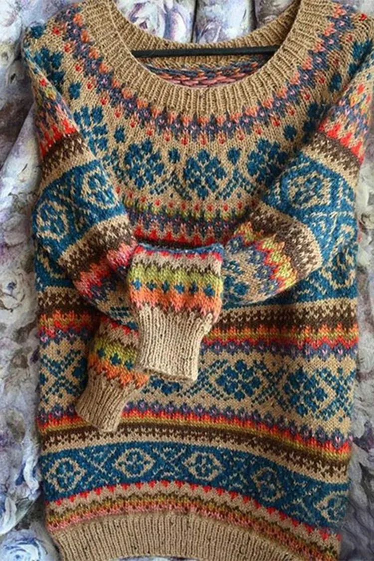 Vintage Crew Neck Long Sleeve Knit Loose Sweater