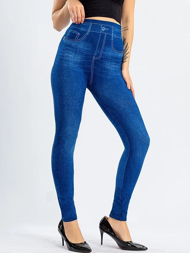 Women's Leggings Faux Denim Ankle-Length Stretchy High Waist Fashion Casual Weekend Black Blue S M
