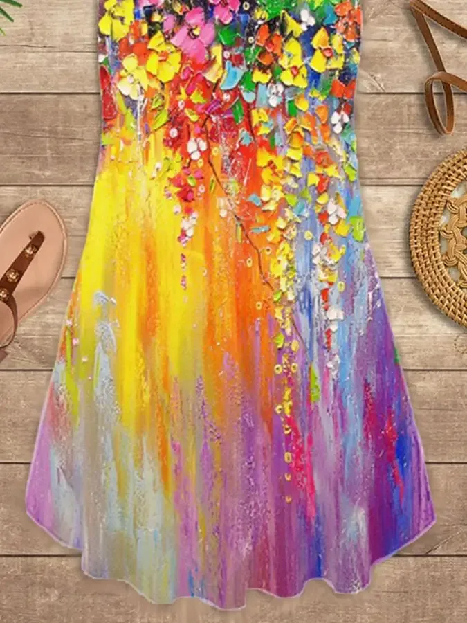 Vacation Flower Oil Painting Print Spaghetti Strap Dress Swimsuit Coverup