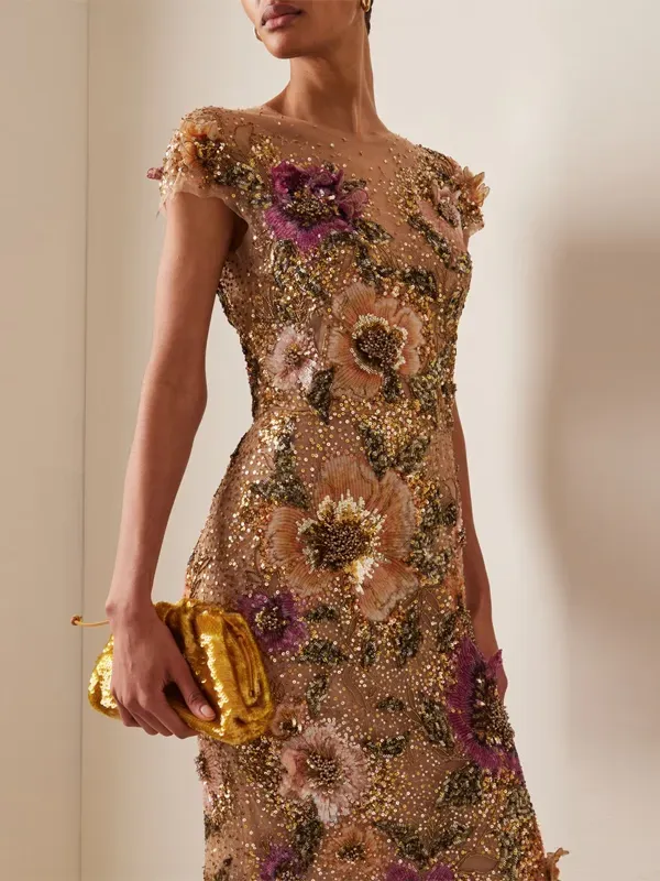 Round Neck Sequined Print Sheath Maxi Dress