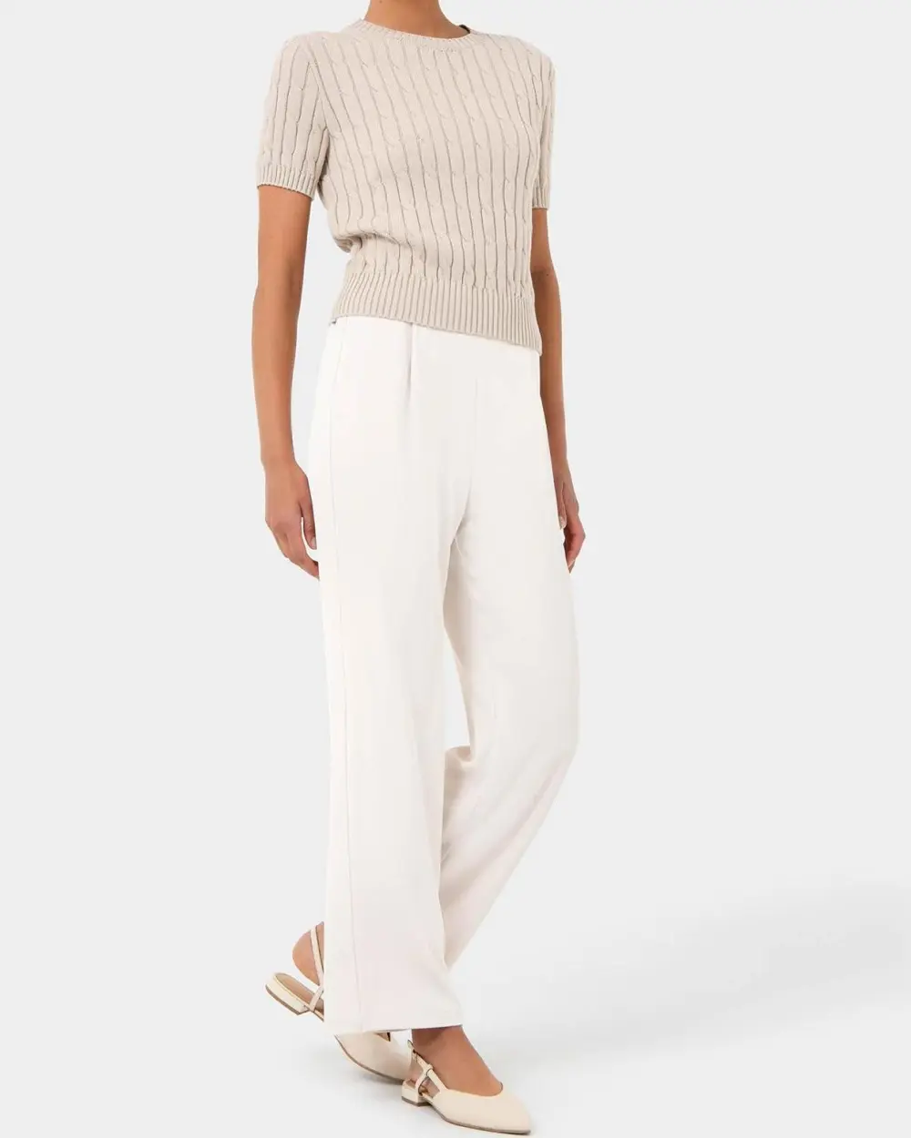 Ribbed Neckline Short Sleeve Cable Knit