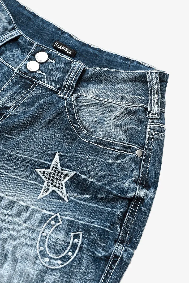 Star & Moon Pattern Button Front Mid Rise Bootcut Jeans