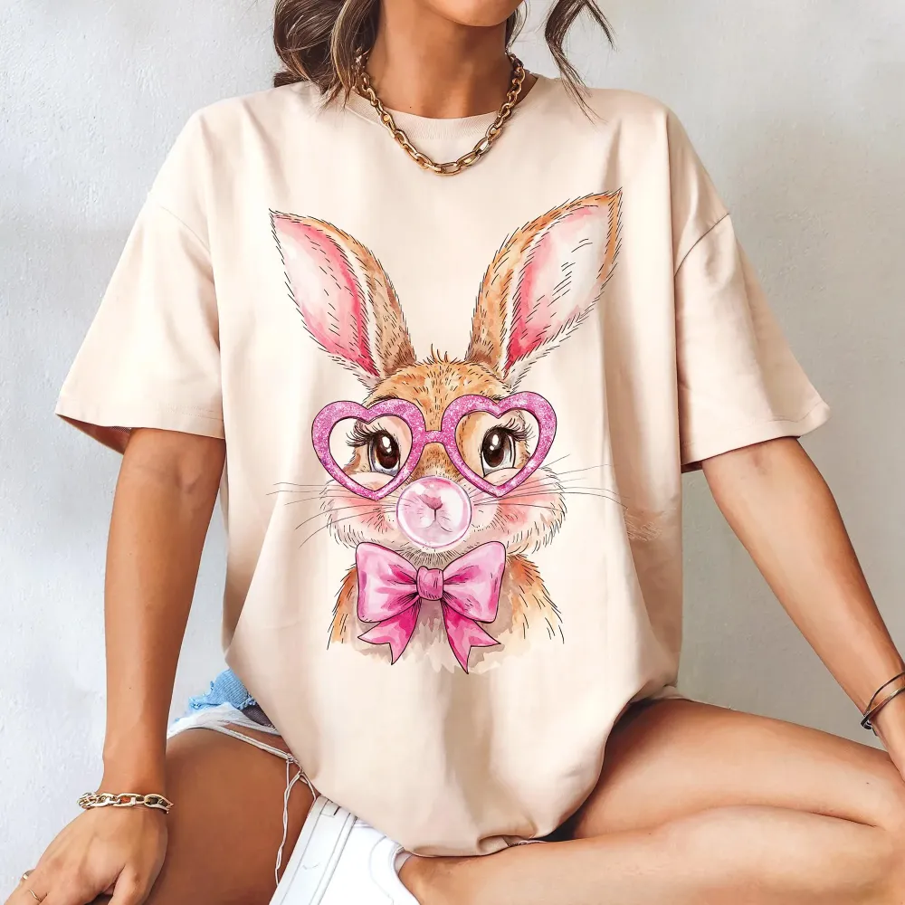 Easter Bunny Blowing Bubbles Printed Round Neck Short Sleeve T-Shirt