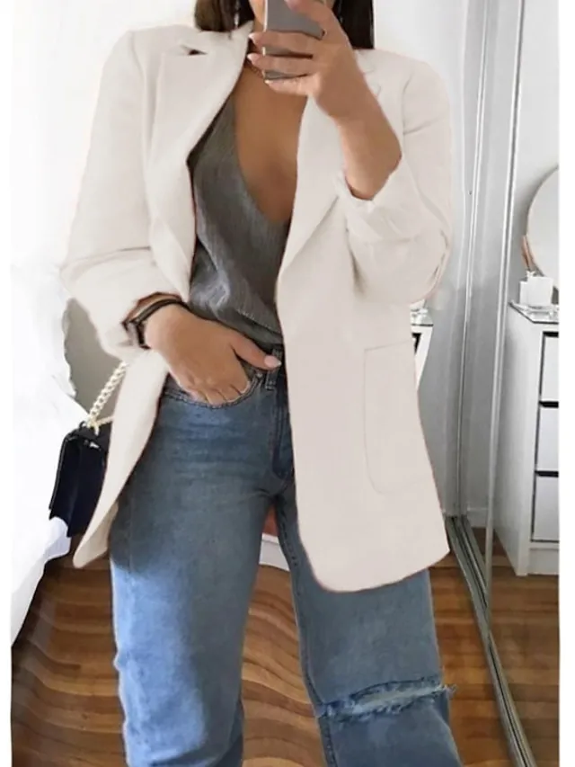 Women's Plus Size Curve Blazer Spring Work to Wear Office Jacket with Pocket Long Sleeve Peaked Lapel Fall Winter