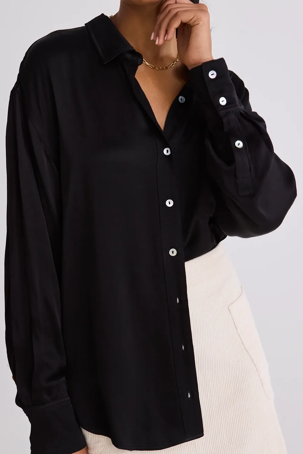 Black Satin Long - Sleeve Button - Up