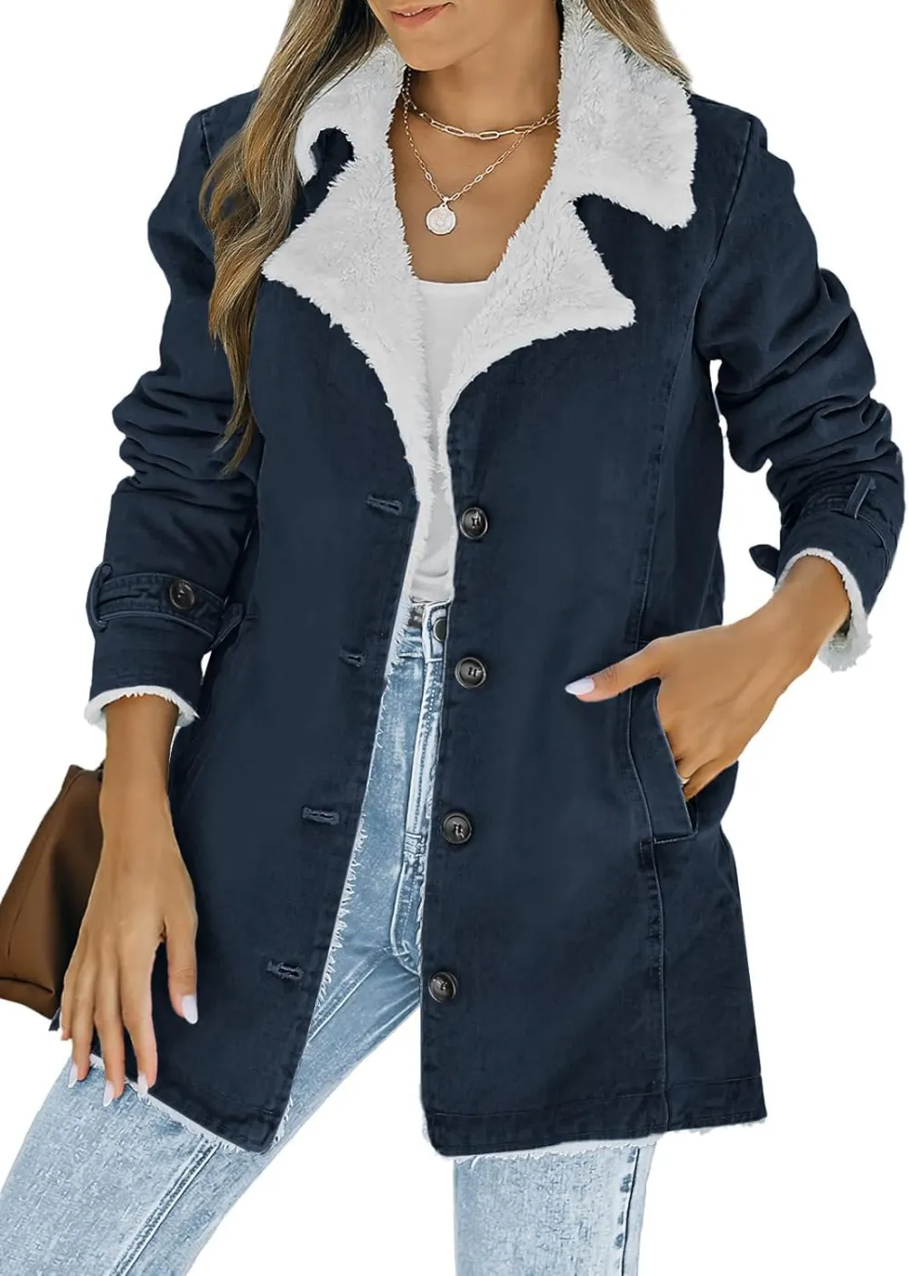 Womens Winter Warm Jean Jacket Stand Collar Wool Liner Sherpa Denim Coats Thicker Outerwear with Pockets