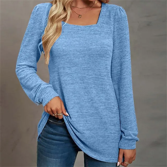 Women's T shirt Tee Cotton Light Blue Pink Apricot Plain Long Sleeve Casual Daily Holiday Basic U Neck Regular Fit Fall & Winter