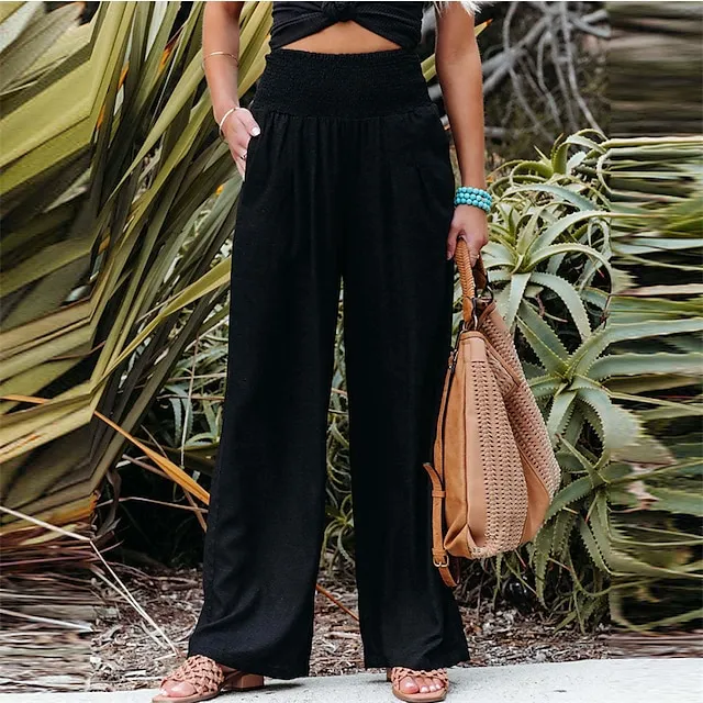 Women's Wide Leg Linen Pants Trousers Full Length Cotton Baggy Micro-elastic High Waist Fashion Casual Daily Vacation Apple Green Black S M Autumn / Fall