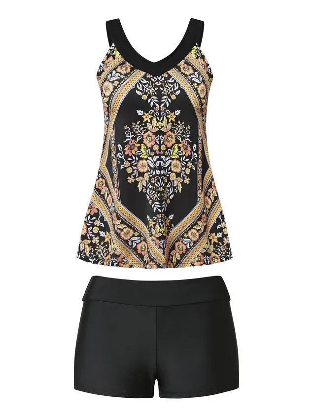 Vacation Ethnic Printing V neck Tankinis Two-Piece Set