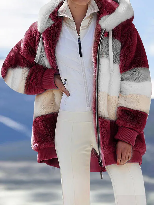 Loose Plush Multicolor Hooded Coat