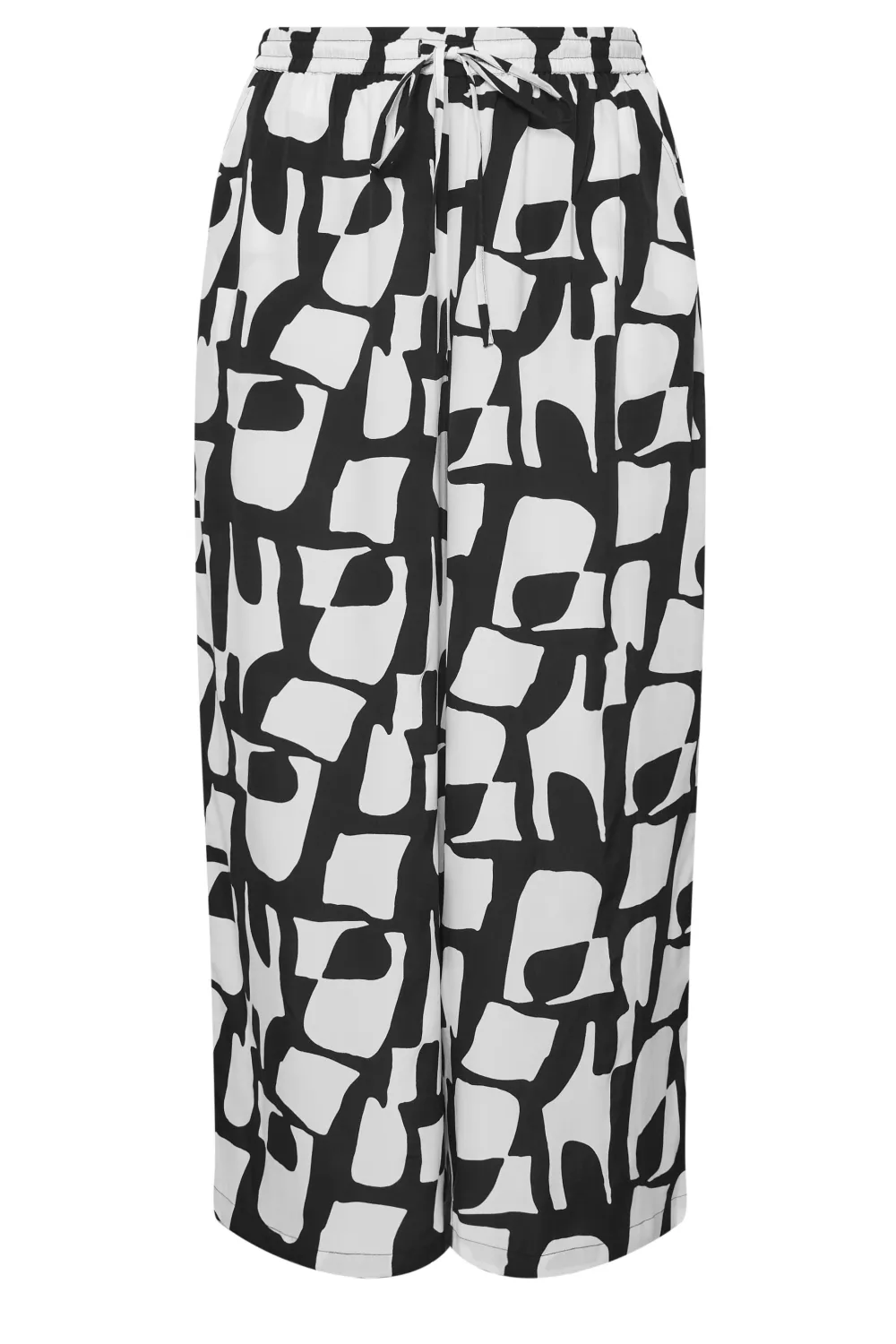 Yours Curve Black Leaf Print Drawstring Wide Leg Trousers