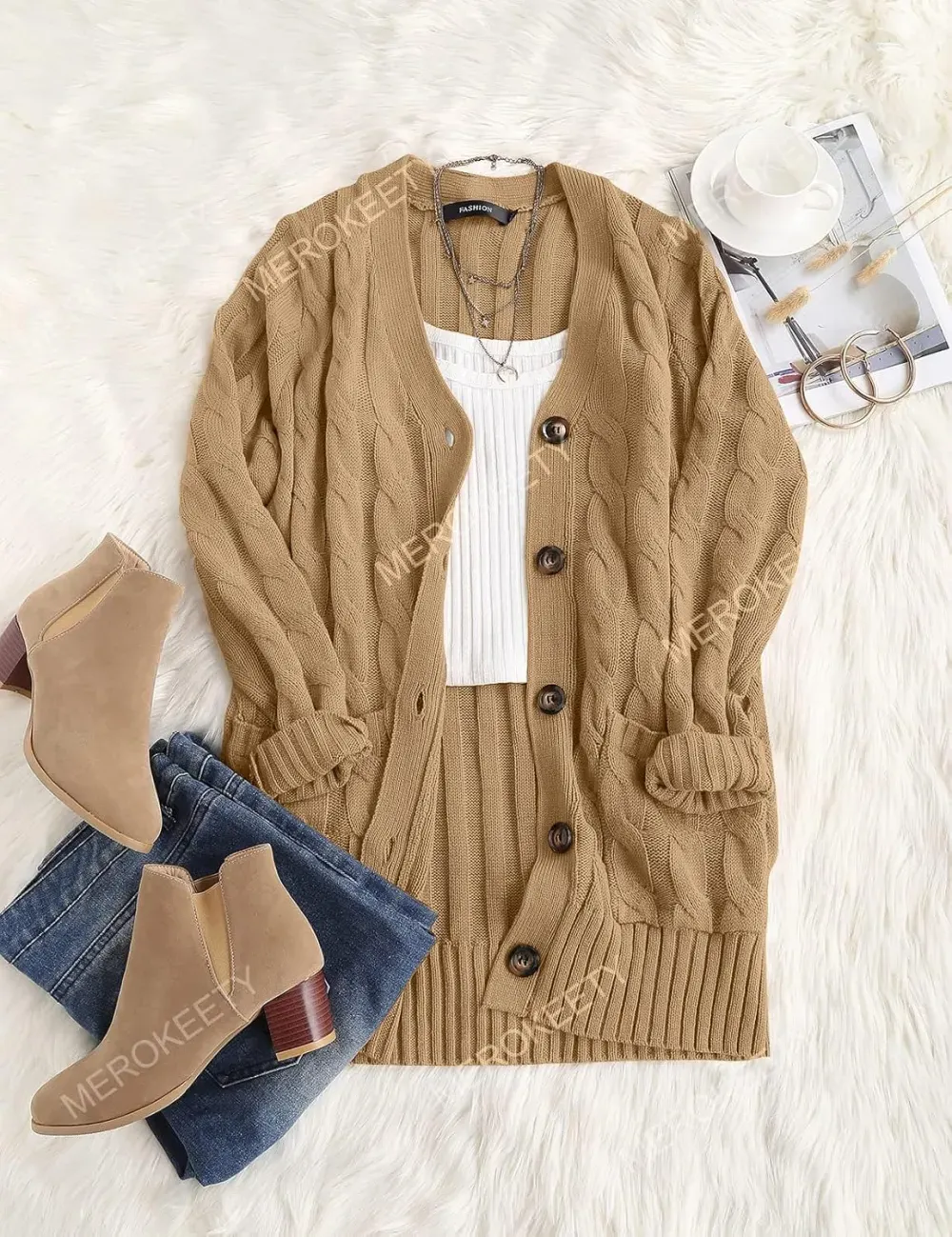 MEROKEETY Women's 2024 Fall Long Sleeve Cable Knit Sweater Open Front Cardigan Button Loose Outerwear