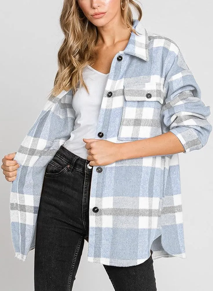 Women's Flannel Plaid Shacket Long Sleeve Button Down Chest Pocketed Shirts Jacket Coats