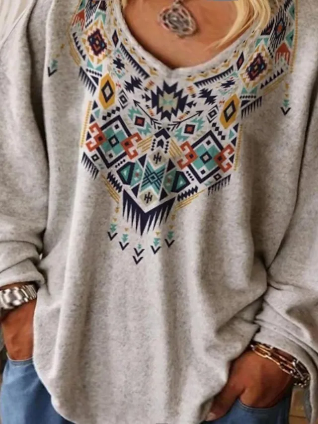 Women's T shirt Tee Tribal Print Long Sleeve Daily Vacation Streetwear Holiday Casual V Neck Regular Fit Fall Winter Fall & Winter