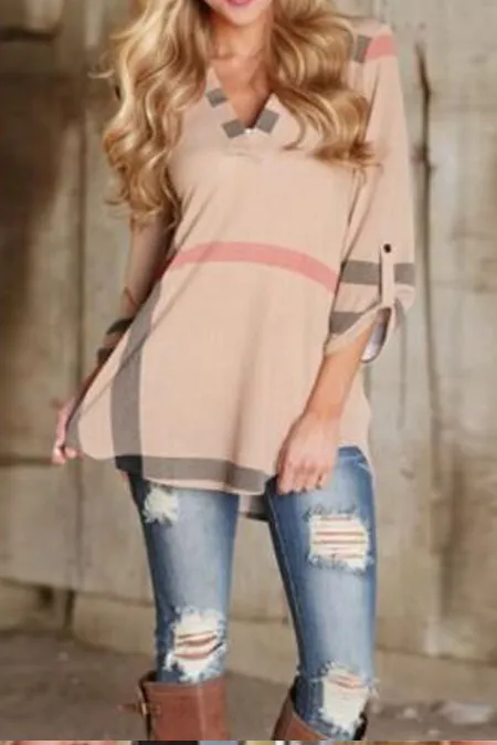 Fashion Plaid Printed V-Neck Cropped Shirt