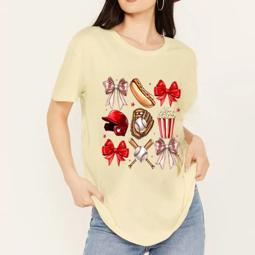 A Casual T-Shirt With A Red And Red And White Patterned Bow Tie, A Red Baseball Helmet, A Baseball Glove, A Baseball, Crossed Baseball Bats, A Hot Dog And A Popcorn Bucket.