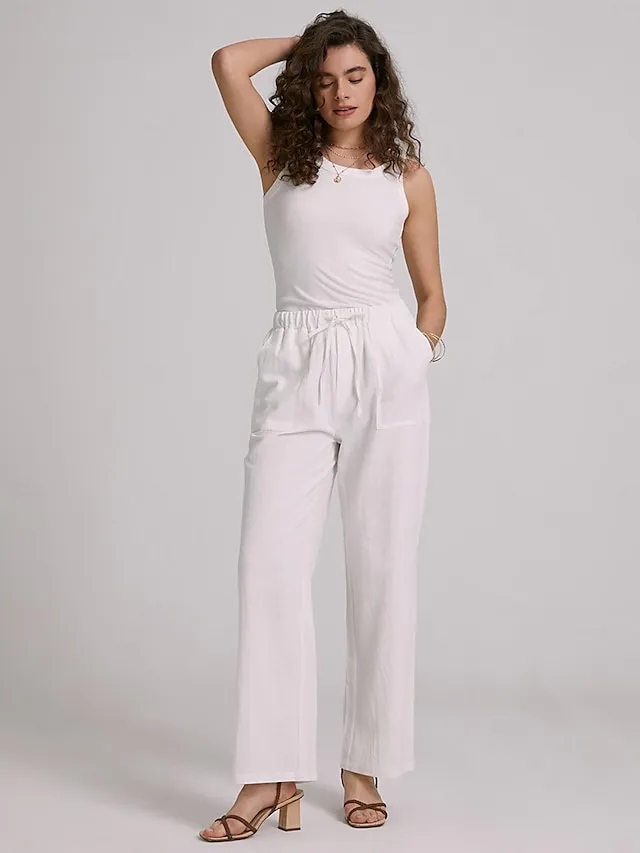 Women's Bootcut Culottes Wide Leg Chinos Cotton Faux Linen Solid Colored Baggy Mid Waist Lightweight Basic Wedding Daily Black White S M Spring &  Fall