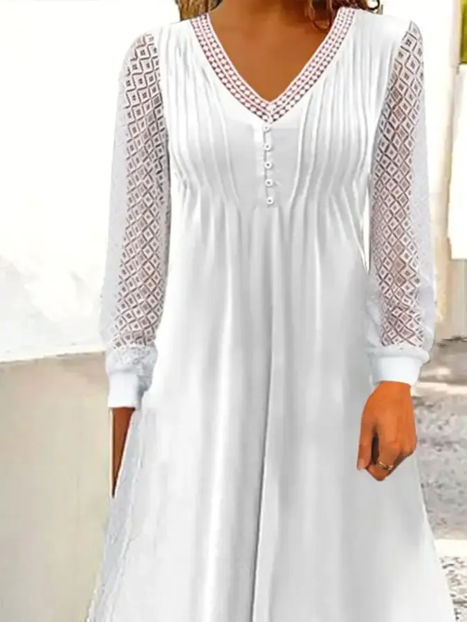 Ladies Solid Color Lace Long Sleeve Dress