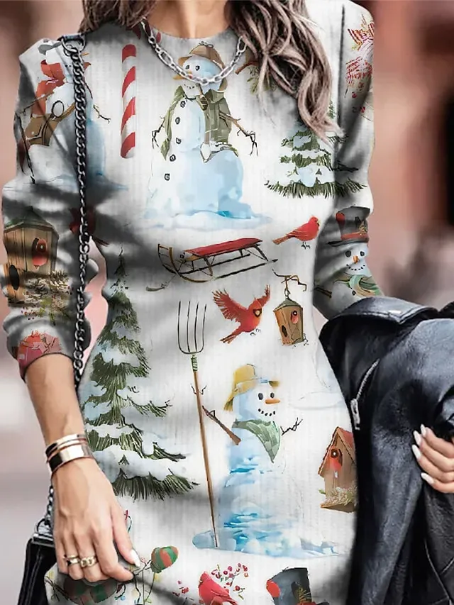 Women's Christmas Dress Sweater Dress Jumper Dress Mini Dress Knitwear Warm Active Snowman Outdoor Christmas Daily Going out Crew Neck Long Sleeve 2023 Regular Fit White S M L XL XXL 3XL