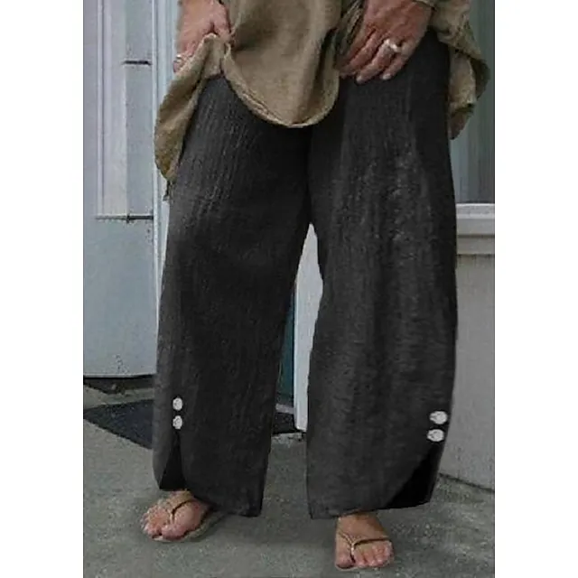 Women's Wide Leg Pants Trousers Baggy Ankle-Length Cotton Blend Baggy Basic Casual Daily Vacation Dark Khaki Black S M Spring Fall